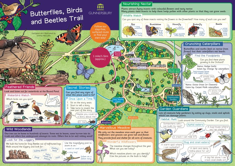 Illustrated children's trail of a park, nature-themed map trail by illustrator Emma Metcalfe